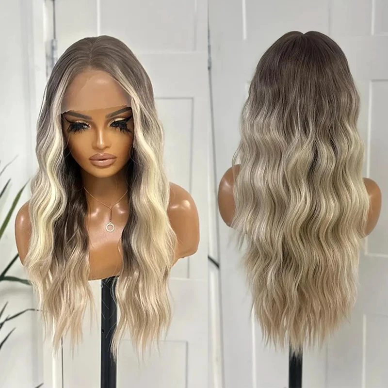 Dlhé zvlnené zlaté svetlo popolček Blonde čipka predná parochňa Luxusné tepelné bezpečné syntetické vlákno 180% hustota 13x6 čipky čelo parochňu Lightweight