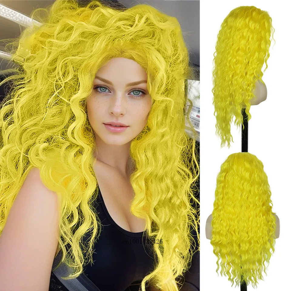 Dlhé žlté parochne Cosplay Syntetické vlasové parochne pre ženy Halloween kostým karnevalové párty kučeravé účesy zvlnené divadlo Fluffy Parochňa
