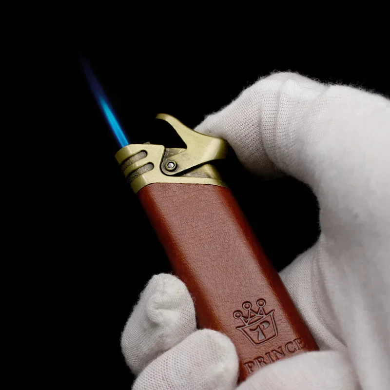 Dlhý prúžk špičkový kožený kovový vetruvzdorný bután Bután Upaľovač cigaru Cigar Prenosný pochodeň Zapaľovač fajčiar