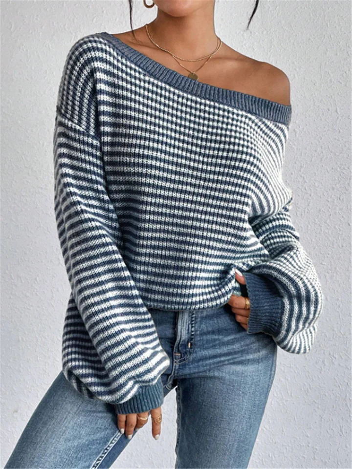 Dlhý rukáv Top Pletená kórejská móda pád pruhovaný vzor Sweaters Vintage Clothes z ramien vrcholy sexy pullovs pletene
