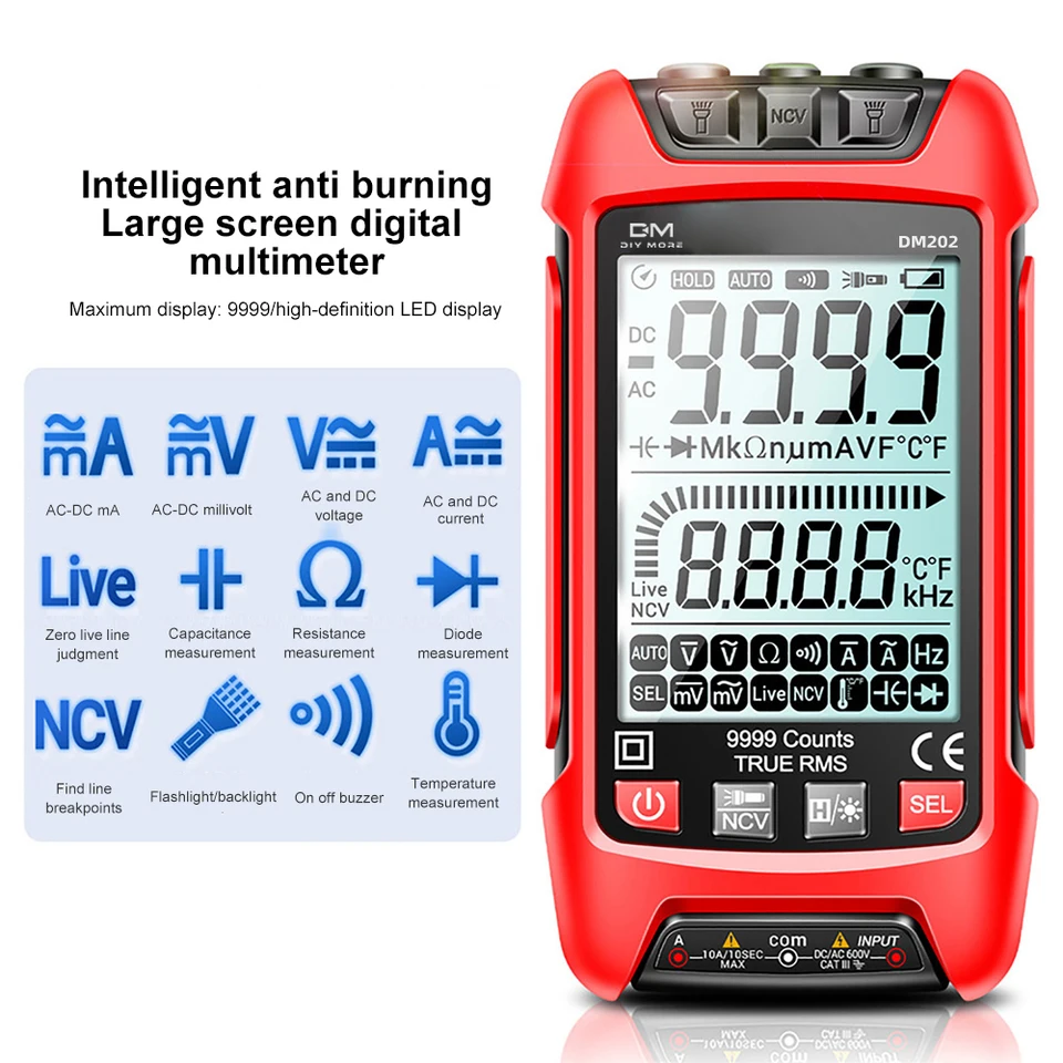 DM201 DM202 inteligentný digitálny multimeter 9999 počítať True RMS NCV Automatický elektrický odpor kapacitného merača Tranzistor Tranzistorový tester