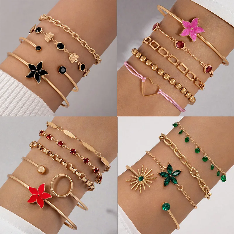 Docona Charming Flower Farebná tehla Vykladaná viacvrstvový náramok Dámsky geometrický kovový kovový otvorený náramok Party šperky 23362