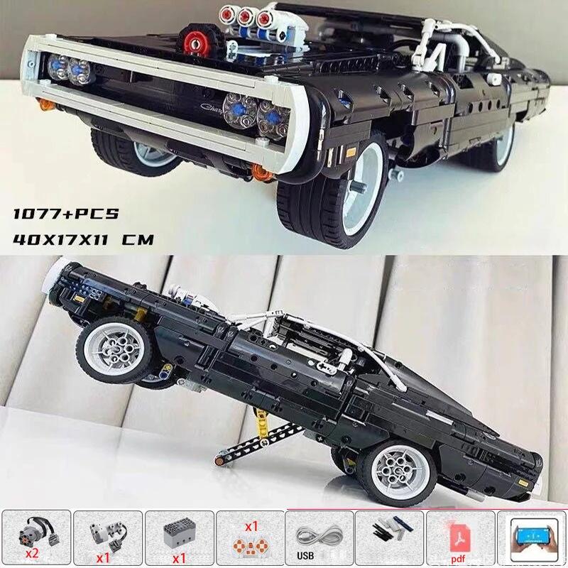 Dodge Charger Racing Car Vozidlo rýchle a Furious Series Montáž High-Tech MoC Building Blocks Hračky Modely MOC 421111