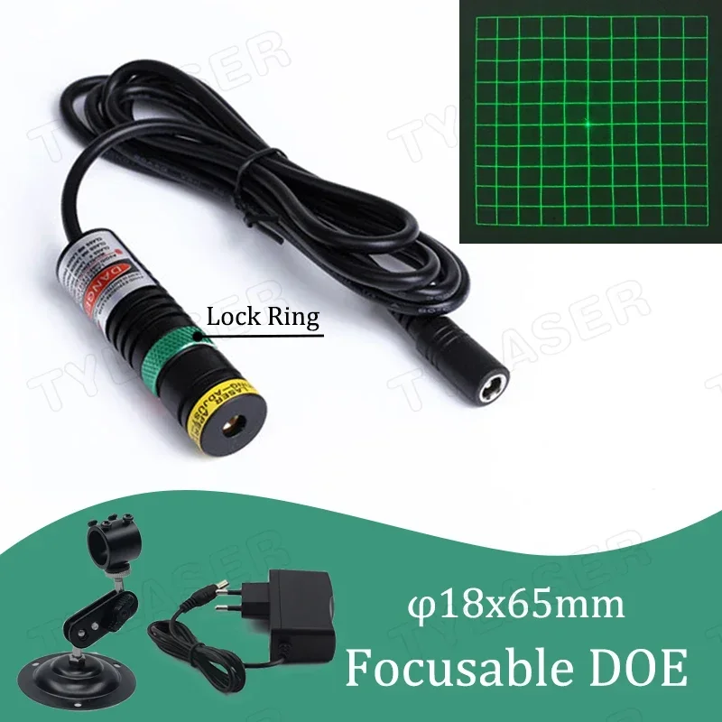 DOE Square 10x10 Grid Focus D18x65mm 505nm Green 10MW 30MW laserový diódový modul pre umiestnenie （zadarmo so štandardnou konzolou）