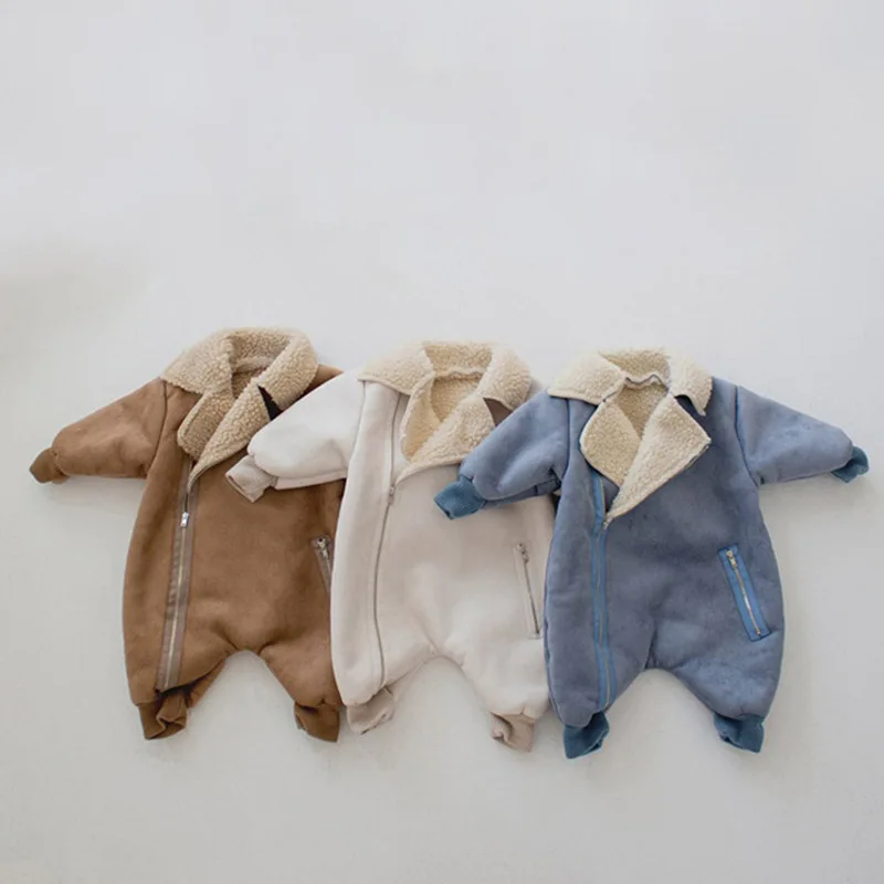 Dojčenské detské jahňacie jahňacie solídne semiš s dlhým rukávom Solidodysuit novorodence Novonarodené dievčatá Chlapci Warm Soft Fleece CombanySuit 0-2y Baby Onesie