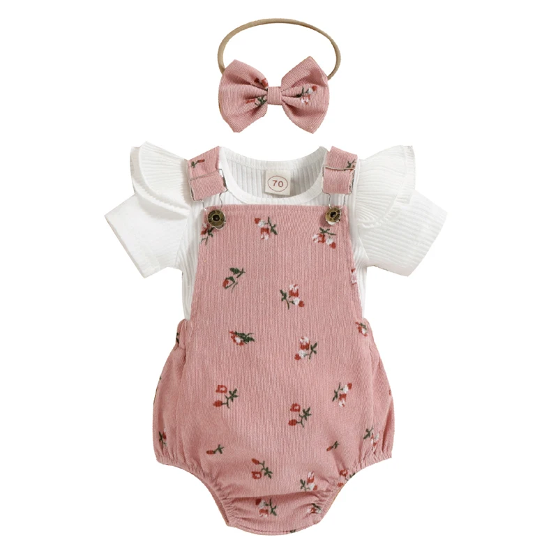 Dojčenské dievčatko 3KS Fly Ruckve Rouchve Tops Tops kvetinové vzory Suspender Suspender Kucksuit Bow čelenka