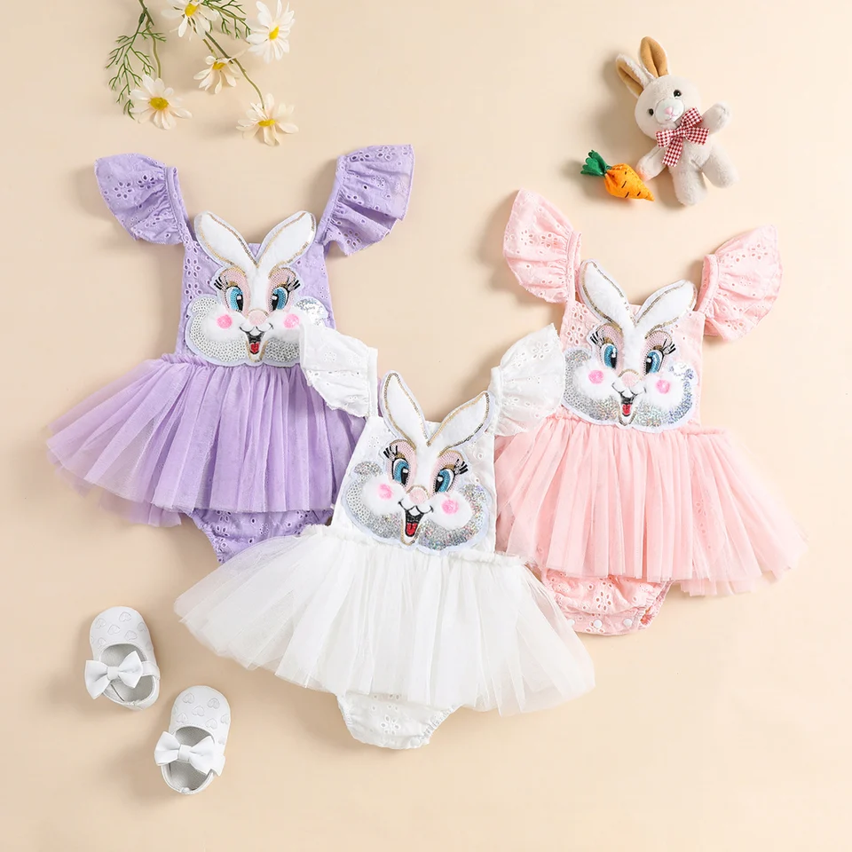 Dojčenské dievčatká Veľkonočné štiepky Bunny Bunny Head Head vyšíva muškle s rukávou tyl sukň