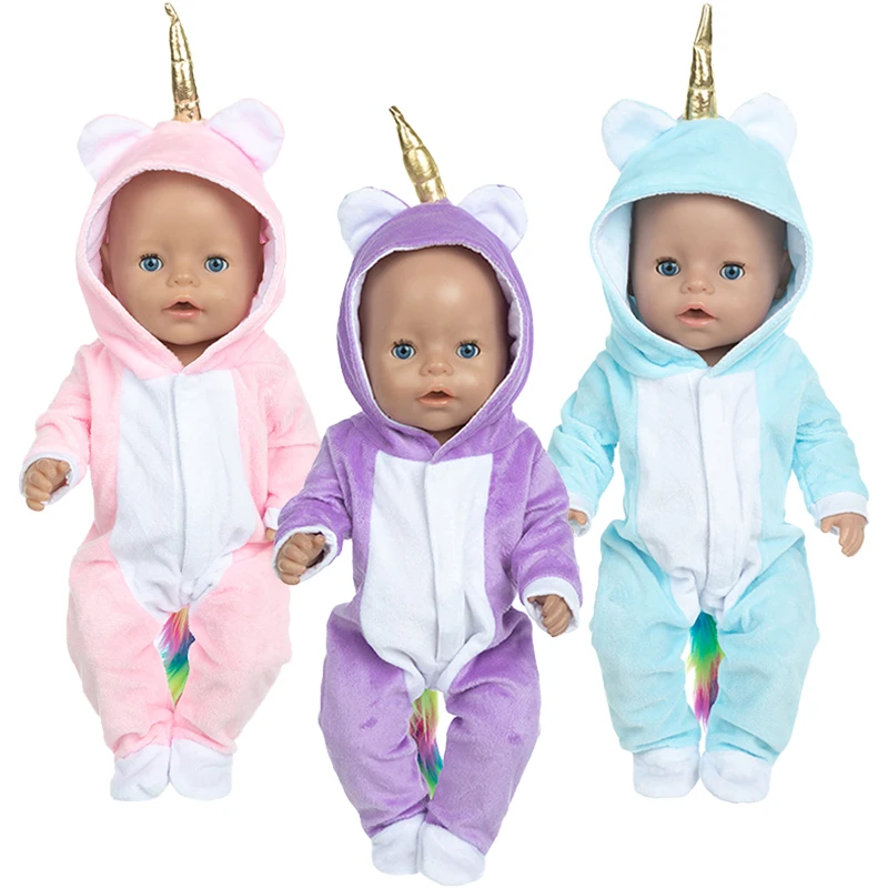 Doll Coupter Fit 16-18inch/40-45 cm dieťa Novonarodený bábik Coat Coat Unicorn Hoodie set detská bábika Unicornio Doll Pajamas Girl Gift