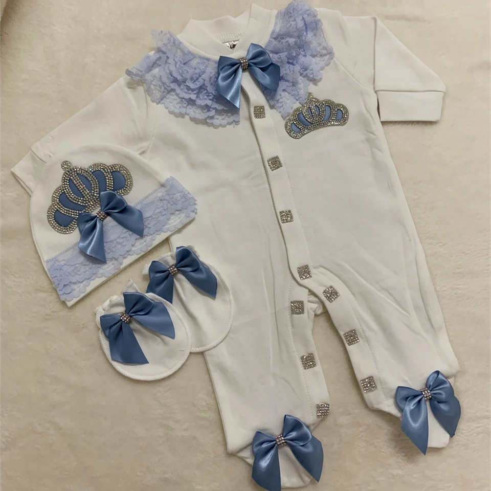 Dollblblbling Custom Meno detská kombinéza bavlna novorodenecké detské oblečenie ružové a zlaté kamienka korunka jurka biele detské pyžamá set