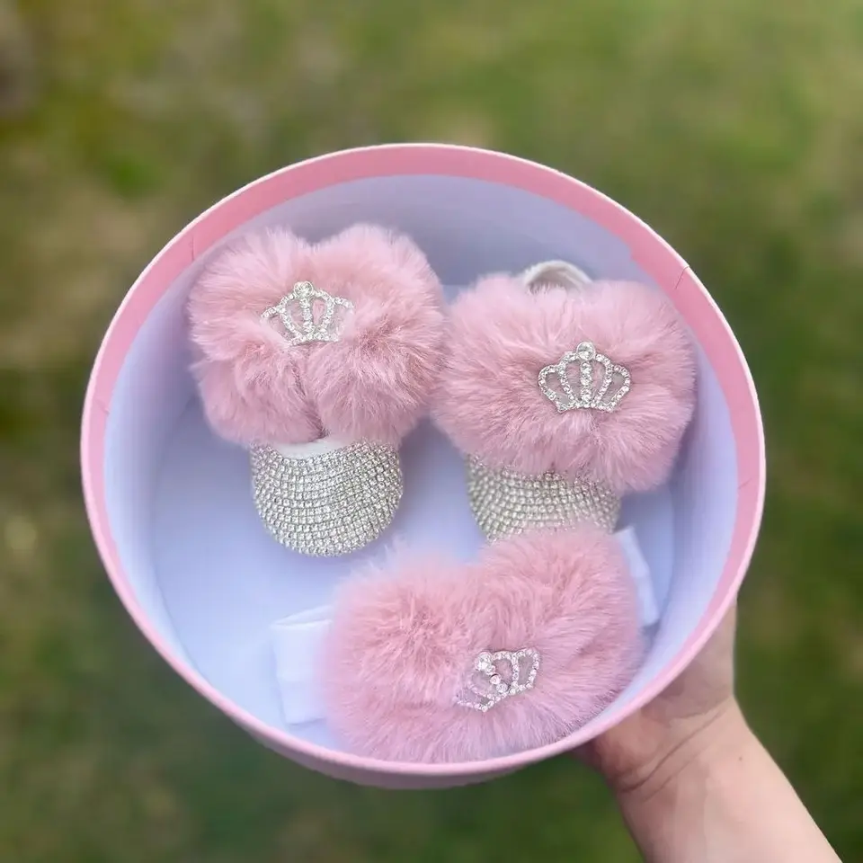 Dollbling Fur Bow Personalizované novorodenecké detské topánky luxusné detské darčeky vianočné topánky bábätká darček krištáľové topánky čelenka