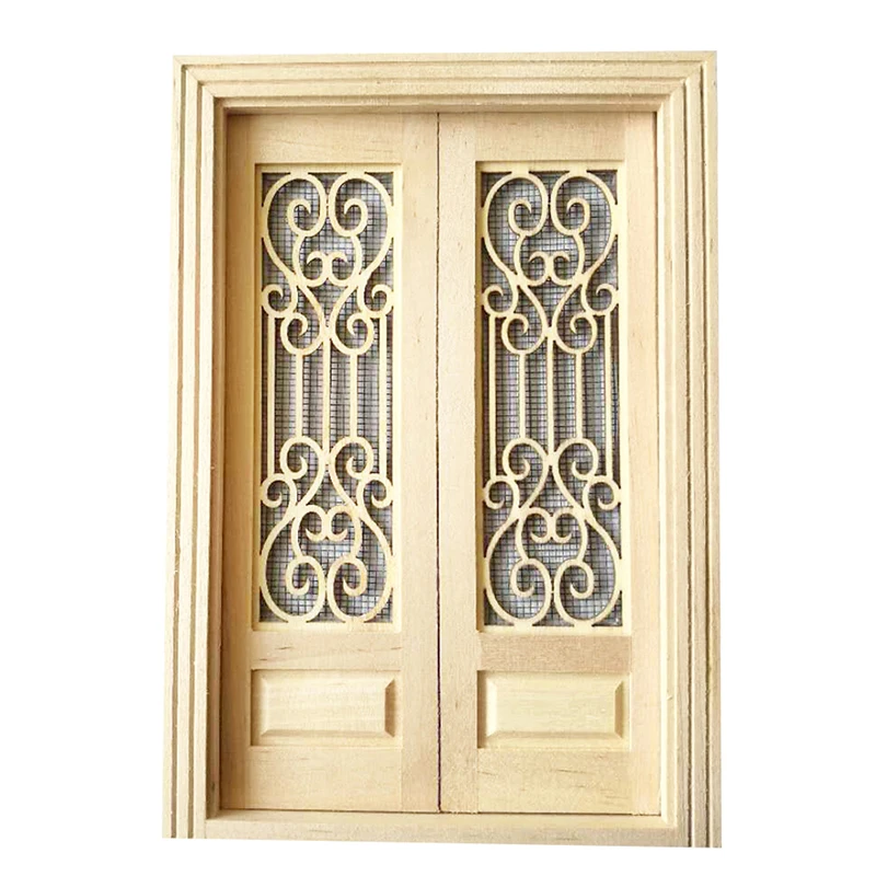 Dollous Miniatúrne drevo externé duté dvojité dvere pre bábiky Nábytok