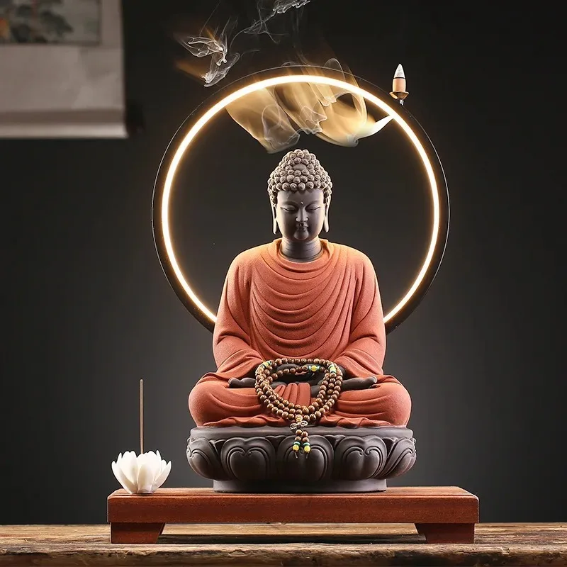 Domáca dekorácia Buddha socha Veľkého slnka Buddha Shakyamuni LED LED LED kruhové dekorácie ozdoby spätný tok kadidla horák