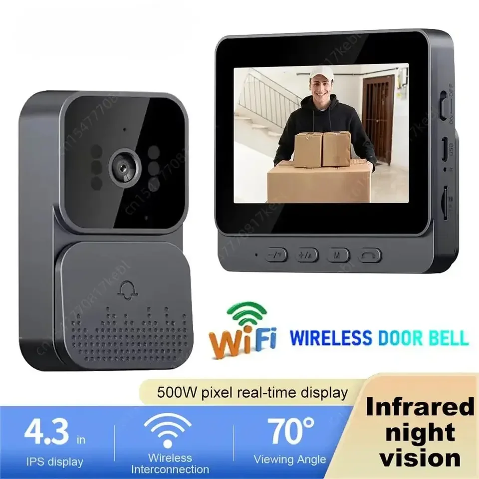 Domáce video dvere s 4,3 palcovým vnútorným obrazovkou Wireless 2,4G WiFi 2-cestná hlasová interkomová podpora SD Card Storage HD Night Vision