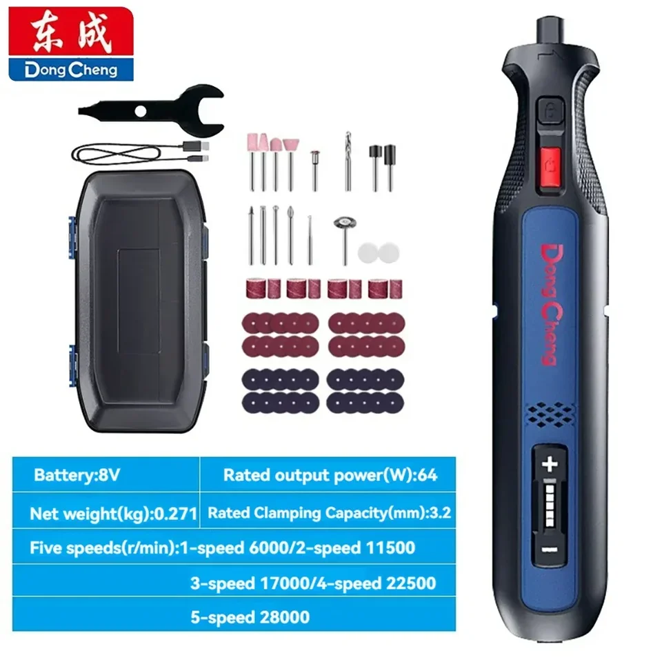 Dongcheng 8v 6000-28000r 5-stupňový bezdrôtový mlynček Elektrický vŕtací vŕtací vŕtač mikro rotačný nástroj gravírovanie pera Mini rytievná srdečná vŕtačka