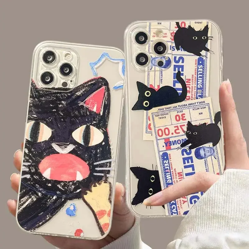 Doodle Angry Cat Case pre iPhone 13 16 Pro Max 11 12 14 15 Pro Max 7 8 Plus 13 Mini XS XR SE 2022 13Pro zadné krytie Clear Fundas