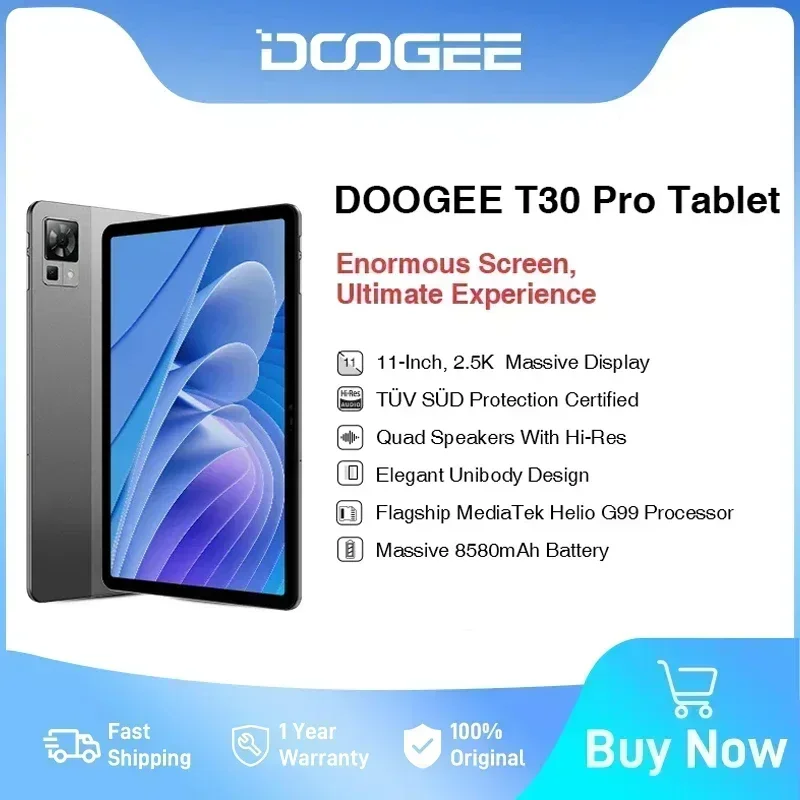 DOOGEE T30 Pro Tablet 11 '' 2,5K Display Tüv Süd certifikovaný 8GB 256GB Helio G99 6nm Quad Reproduktor 20MP Camera 8580MAH s JPN Plug