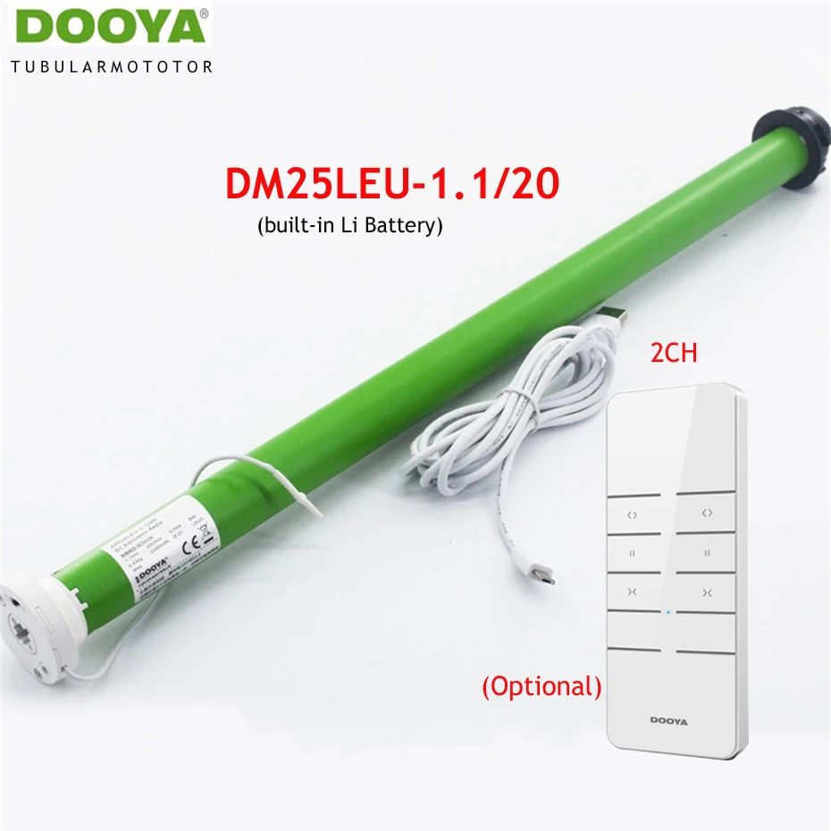Dooya dm25leu tubulárny záves vstavaného motora Li Battery nabíjanie USB RF433 diaľkové rolovacie žalúzie pre dia trubicu 38 mm, voliteľné zväzky voliteľné