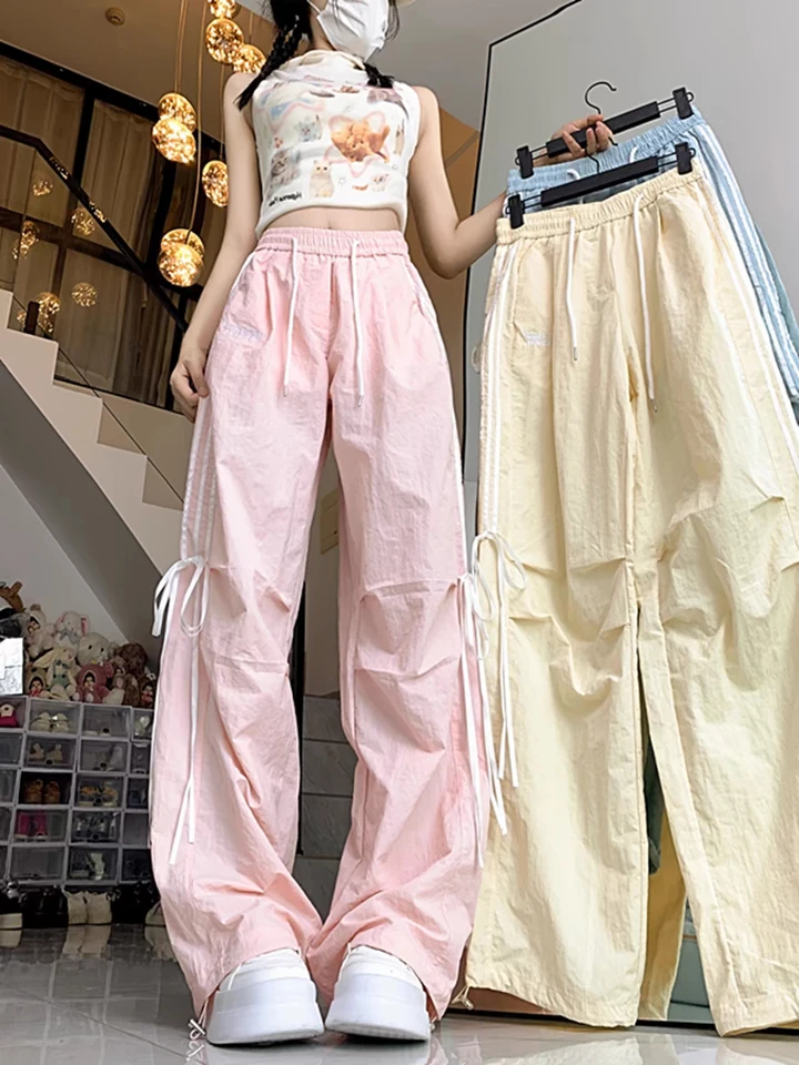 Dopamine Bow Casual Tracksuit Pants Dámske leto Nový študent voľný priamy nohavicový výsadkový nohavice