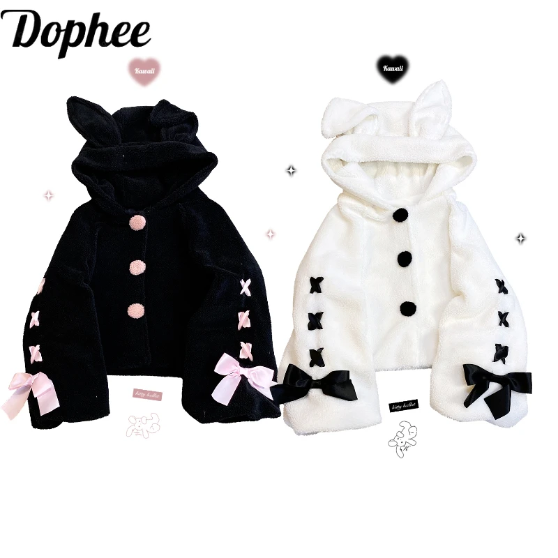 Dophee originálny japonský roztomilý králičie uši s kapucňou Lolita Krátke oblečenie Elegantné stuhy