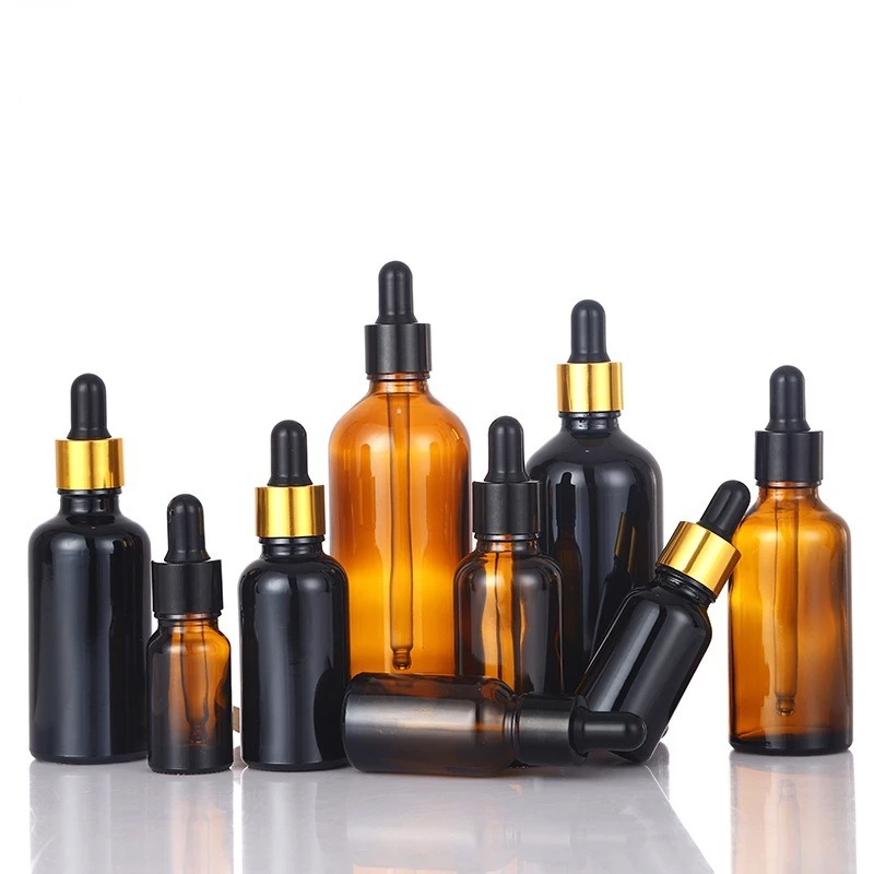 Doplniteľné fľaše s kvapkadlom 5-100 ml Zlaté veko Kozmetický nádoba Čierne sklo Aromaterapia tekutina