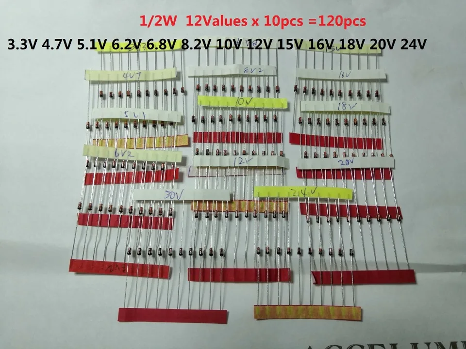 Doprava zdarma 1/2W 0,5 W 1W Zener Diode BZX55C 3.3V-30V 14Valuly*10ks = 140ks rôzny sortiment set novú elektronickú súpravu pre domácich majstrov