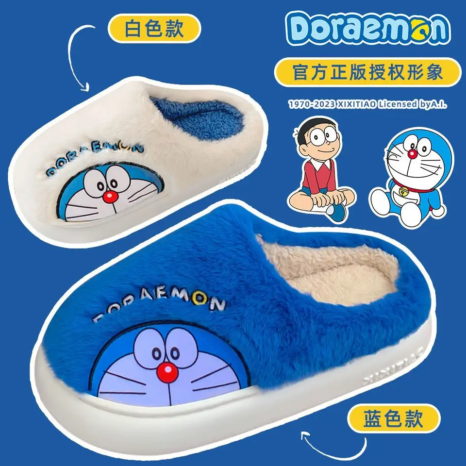 Doraemon zimná karikatúra bavlnené papuče roztomilý steh plyšový sklíčka Domov ploché žabky
