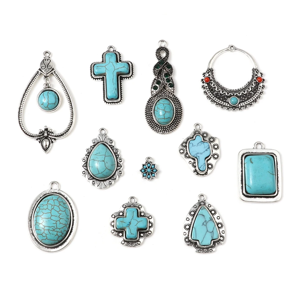 Doreenbox Tyrkysové kúzla Pendant Geometric Antique Silver Color Zelené modré prívesky pre domácich náušníc šperky pre ženy, 5 ks