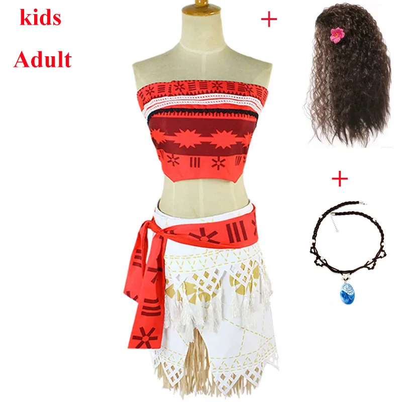 Dospelé deti princezná Vaiana Moana Kostým šaty s náhrdelníkom parochne Dievčatá Halloween Party Moana Dress Cosplay plné súprava