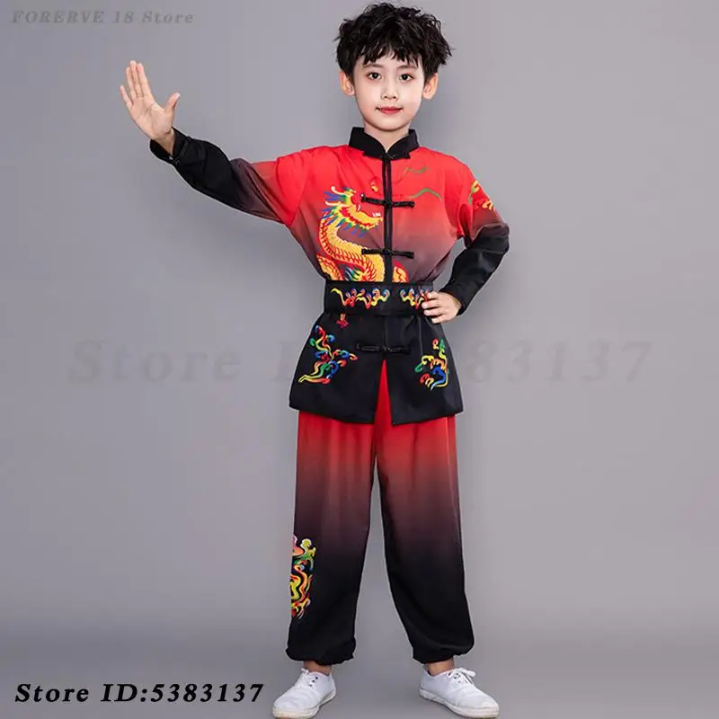 Dospelé dieťa Čínske tradičné bojové umenie deti Kung fu uniformy Dragon Print Wushu Kostým orientálne krídlo Chun oblečenie