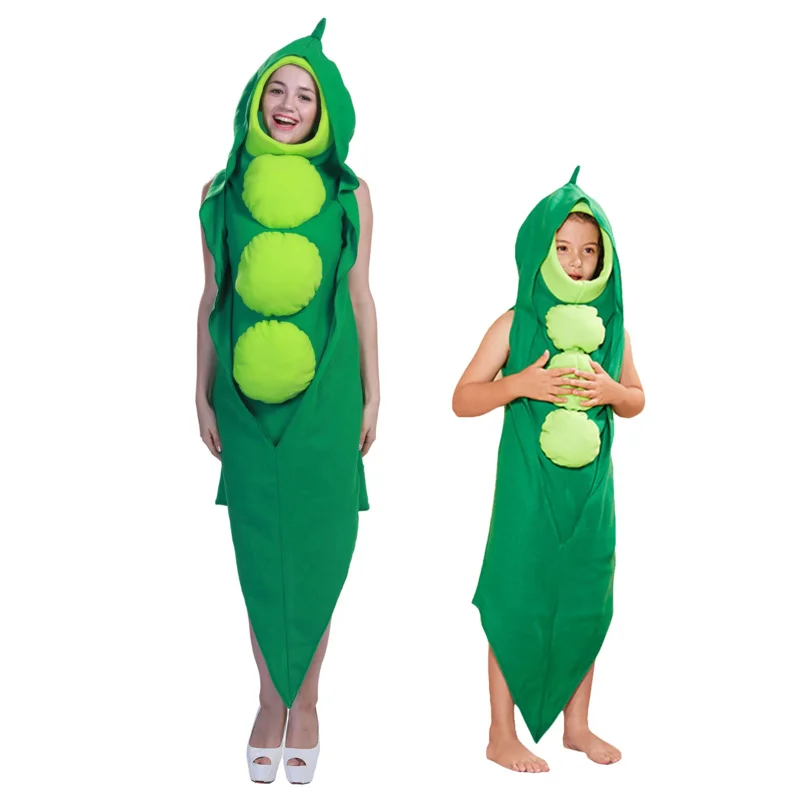 Dospelí deti Funny karikatúra zelený hrachový pod kostýmy Rodina outfit s jedlom výtoku Purim Halloween karneval Party Performance Bodysuit