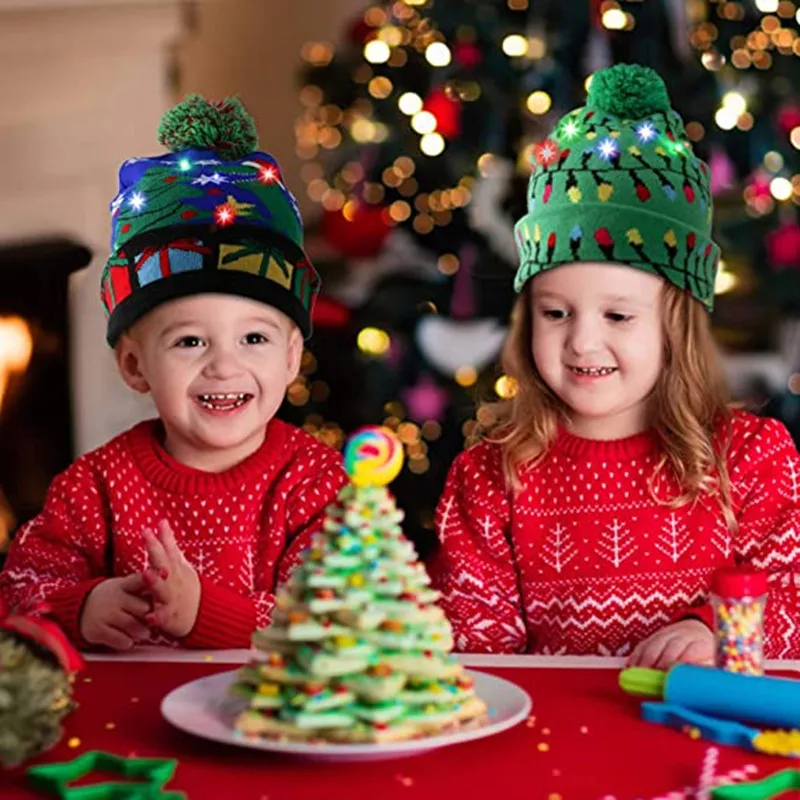 Dospelí deti vianočný klobúk žiariaci vianočný pletený klobúk Santa Claus vianočný stromček Elk Hat Christmas Darček