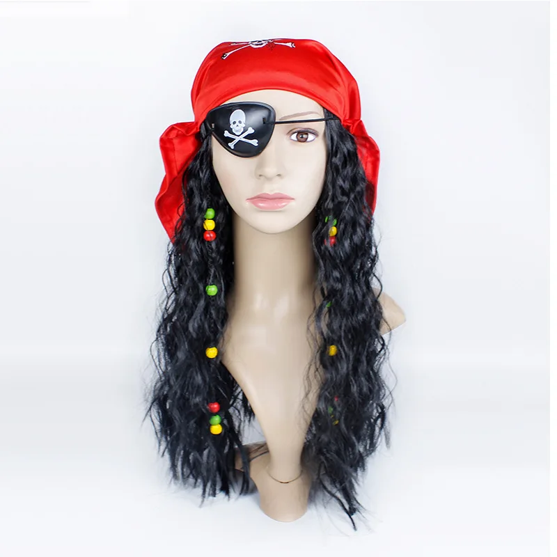 Dospelý kapitán Pirát červená čiapka Čierna parochňa pre klobúky Jack Sparrow s vlasmi