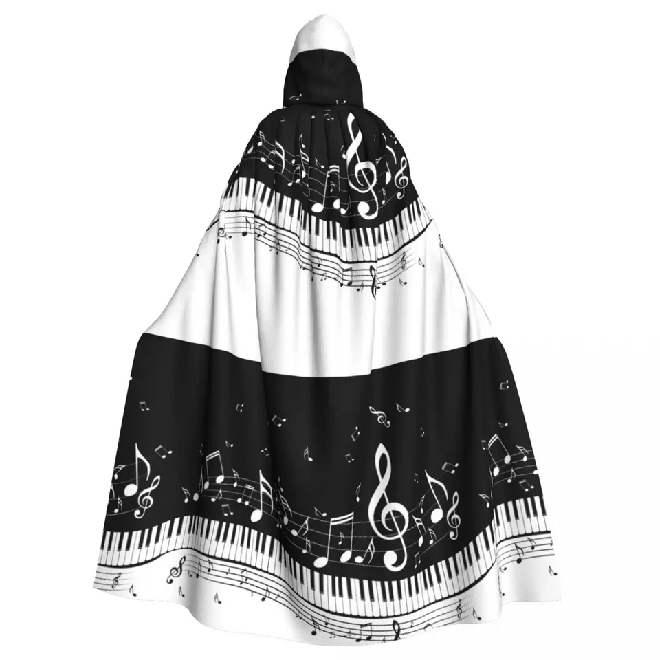 Dospelý upírsky mysový kapucňový rúch Abstraktné klavírne kľúče s hudobnými poznámkami Halloween Cloak CLEMÁ Dĺžka cosplay
