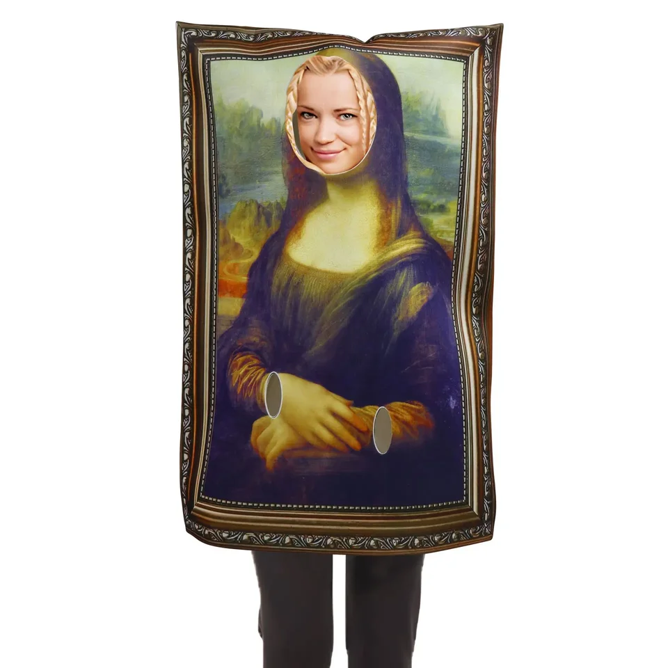 Dospelý vtipný Mona Lisa nástenné kostýmy cosplay rekvizity muži unisex špongie kombinézy Halloween Classic Carnival Fancy Dress Up Party