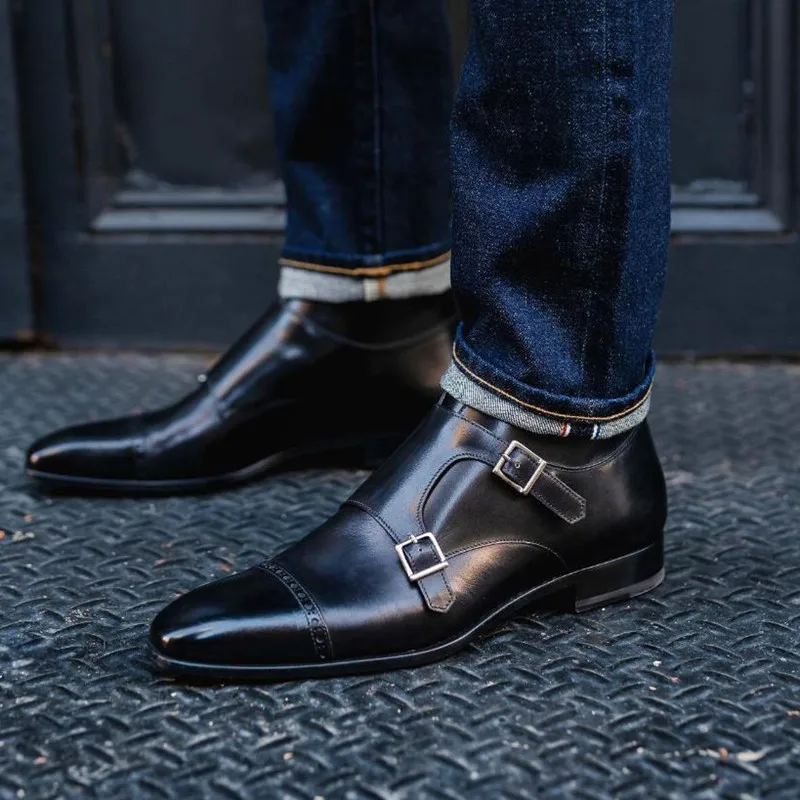 Double Buckle Monk Boots Black Business Square Toe Toe topánky pre mužov s krátkymi topánkami Zapatos para moto hombre