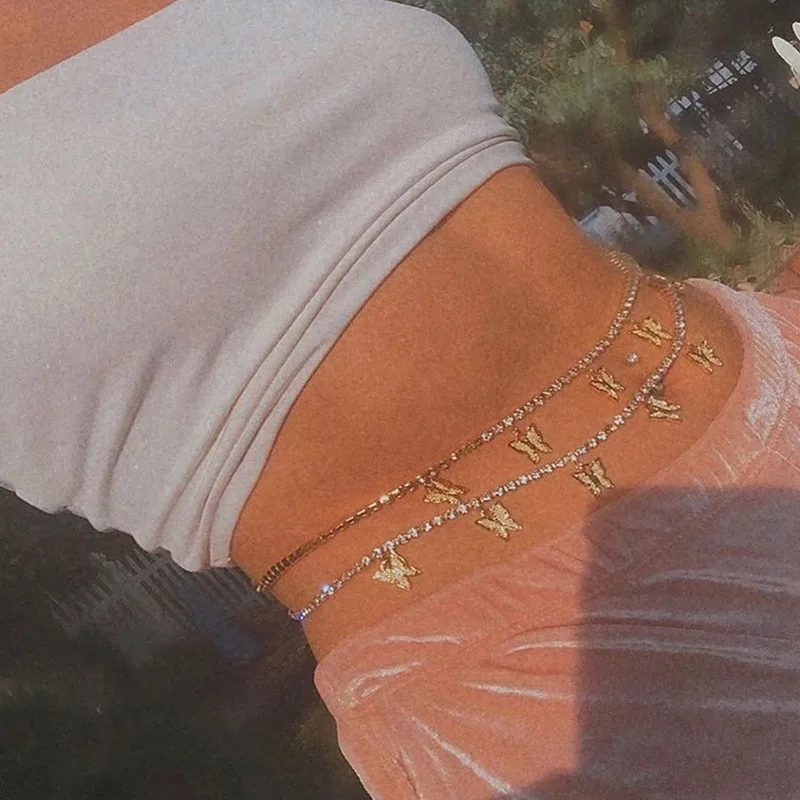 Dovzhna Beach Crystal Chians Sexy motýľový pásový reťaz plážový postroj pás brucha Body reťaz módne šperky 2023 Nový veľkoobchod