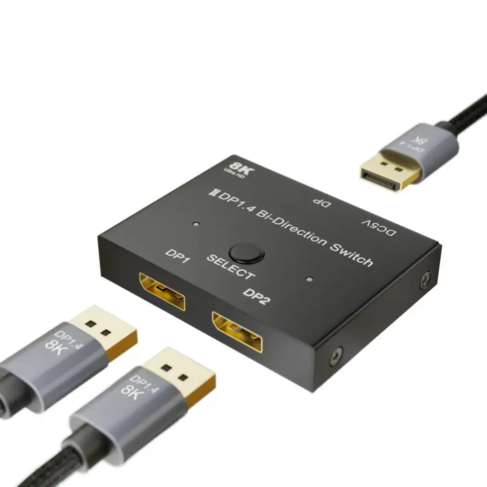 DP 1.4 SWITCHER ADAPTÁR DISPLAYPORT 8K SWITN TV TV Viacnásobný prepínač zdrojového prepínača 2 v 1 out adaptér