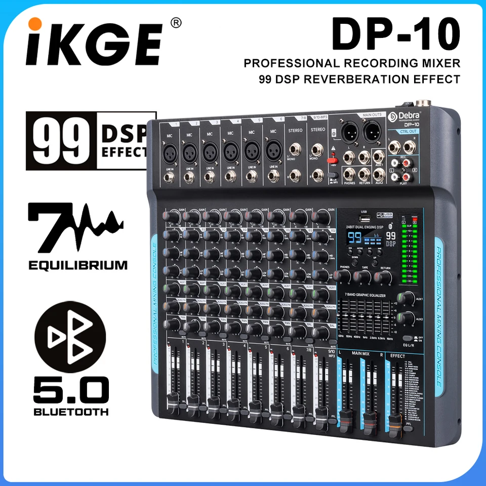 DP-10 99 DSP Professional Audio Mixer DJ Controller, 10-kanálový reverbový mixér s Bluetooth 5.0 pre nahrávanie štúdia