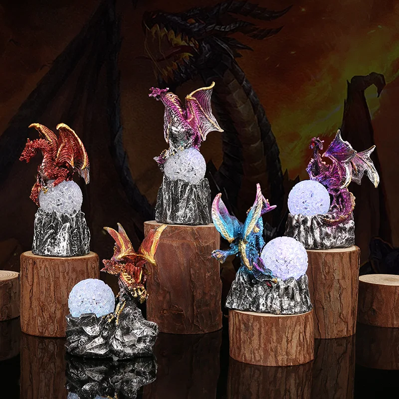 Dragon Egg Resin Ozdob s LED svetlom Halloween Home Decoration Fly Dragon Night Light sochárske stolové doplnky