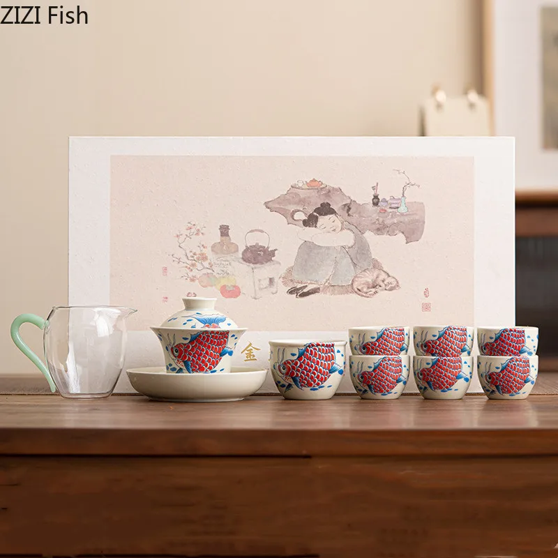 Dragon Fish Tea Set Office Ceramic Kung Fu TEA Set Iron Guanyin Pu'er Tri talent Cover Cover Bowl Čínsky čajový obrad príslušenstvo