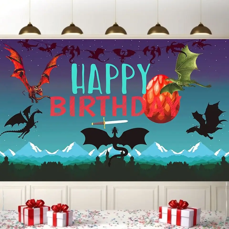 Dragon téma Všetko najlepšie k narodeninám, všetko najlepšie k narodeninám Bannerový pozadie pozadia pre Dragon Temed Birthday Party