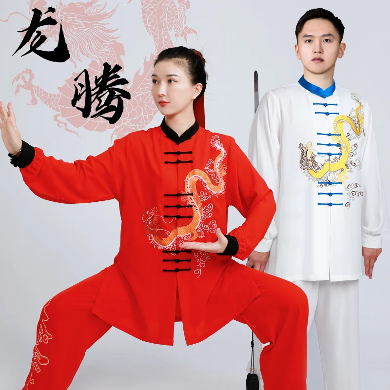 Dragon výšivky Ženy Men bojové umenia Tai Chi Wushu Uniforma voľná košeľa+meditácia nohavíc Kungfu Cvičenie Wing Wing Chun Set