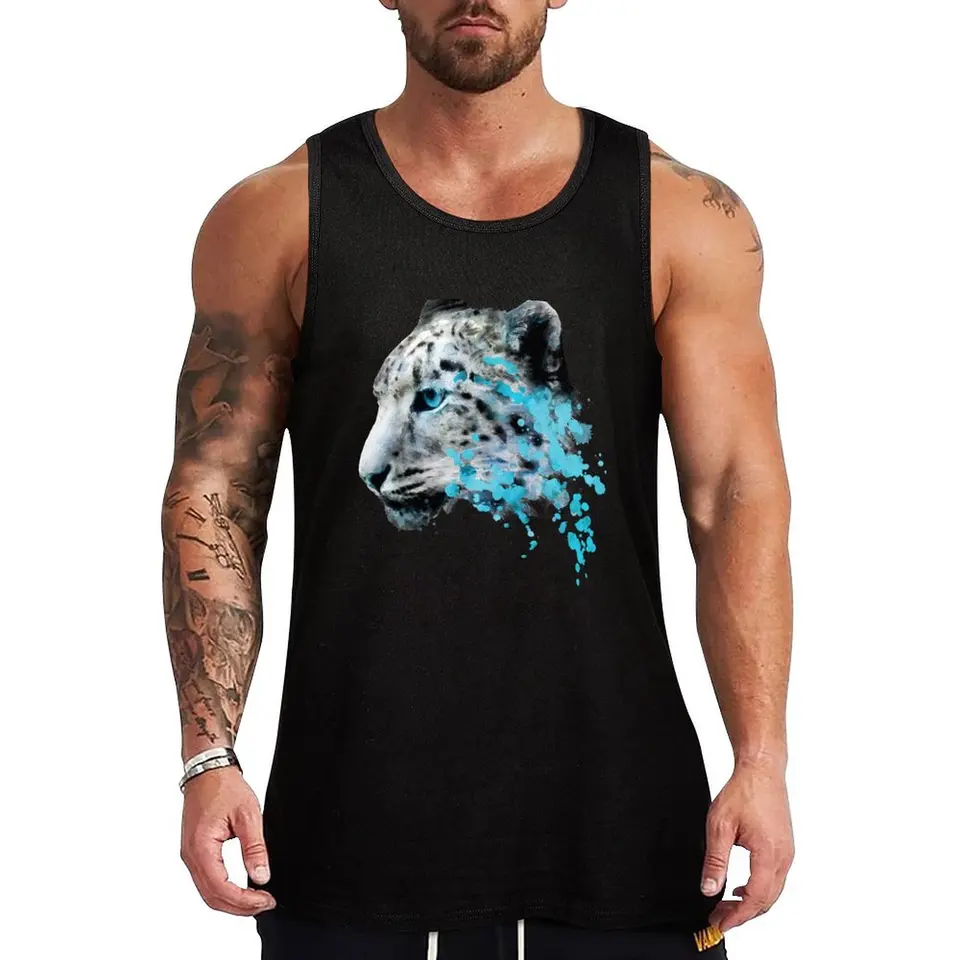 Dramabite Watercolor Snow Panther Leopard Artsy Watercolor Cougar maľba Tank Top anime oblečenie pre chlapca v telocvični tričko muž