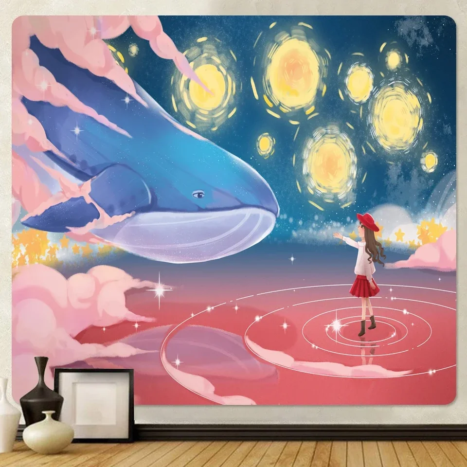 Dream Sky Whale Girl Cure Pink Home Decor Tapestry Hippie Bohemian Psychedelic scéna spálne na stenu tapiséria