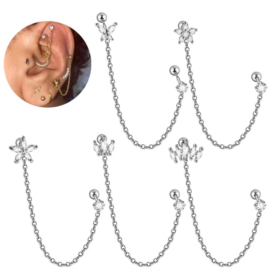 Dreamlee 16g Cz Zirkón Kvet Double Piercing Stud náušnice Tassel retiazka Dangle Dangle Chrup