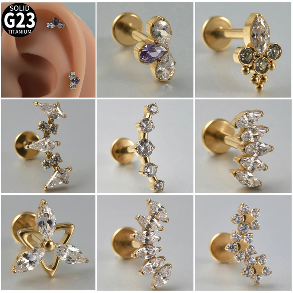 Dreamlee 1pc G23 Titánový kvet zirkónu Conch Tragus náušnice Ear Helix Conch Daith Lobe Piercing Labre Labret šperky