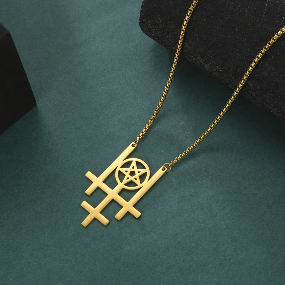 Dreamtimes Triple Invertovaný krížový prívesok Náhrdelník pre mužov Satan Okult pentagram gotický náboženský nerezový klenot darček
