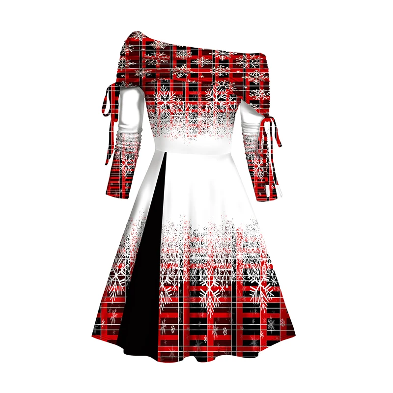 Dressfo 2024 Dámske vianočné šaty Plaid Snow vločky Vytlačte z ramenných šiat, ktoré sú šialené mini šaty s dlhým rukávom