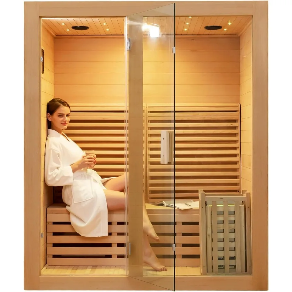 Drevená miestnosť na parnú saunu, 2 osoby Kanadský hemlock luxusná vnútorná sauna s 3 kw kachle na kachle, reproduktor Bluetooth