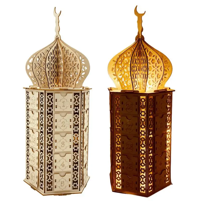 Drevená ramadánska adventná kalendár Eid Mubarak Advent Calendar s zásuvkou Moon Starlight Kalendár pre moslimskú ramadánsku párty